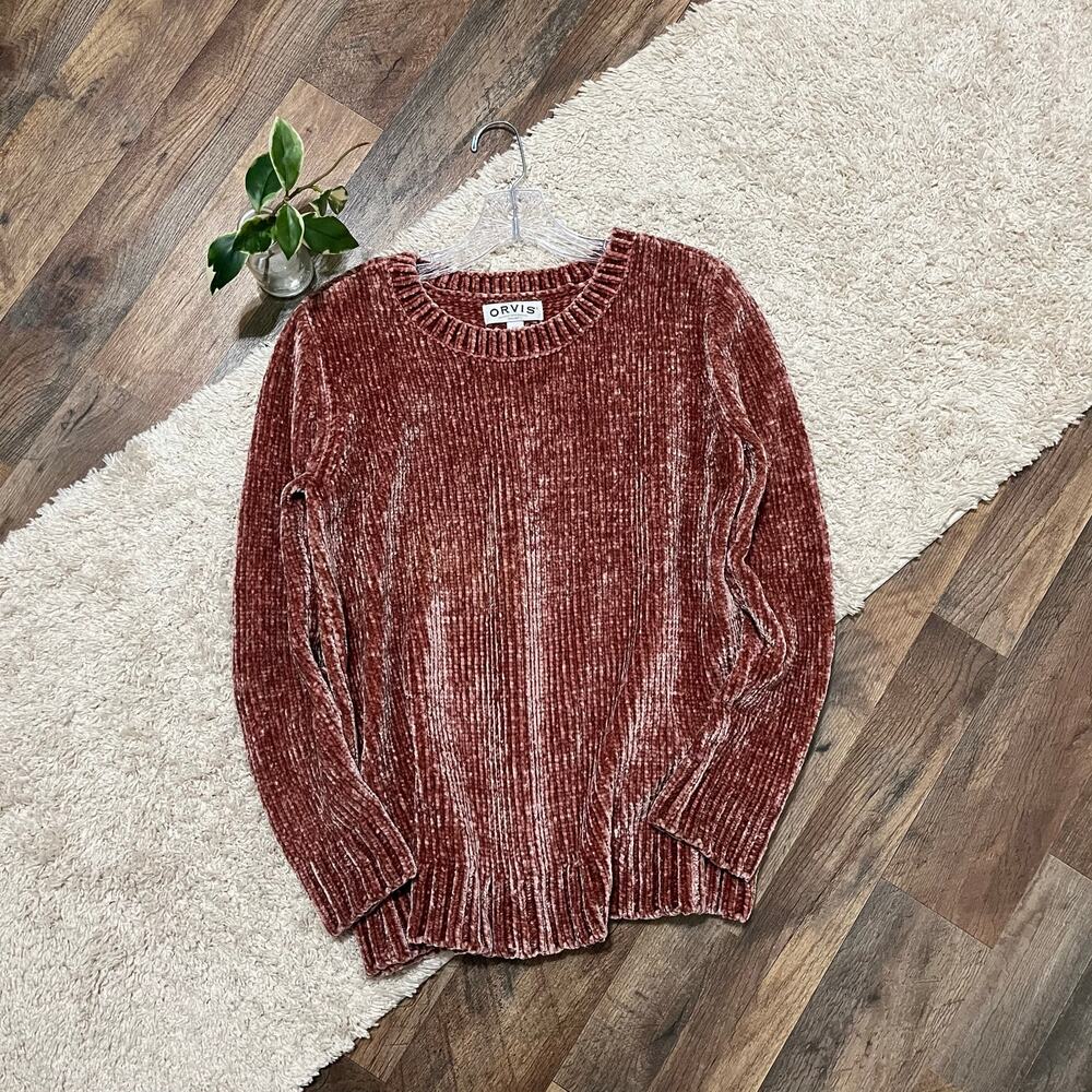 Orvis Size Large Pink Chenille Chunky Knit Ribbed Trim Crewneck Pullover Sweater